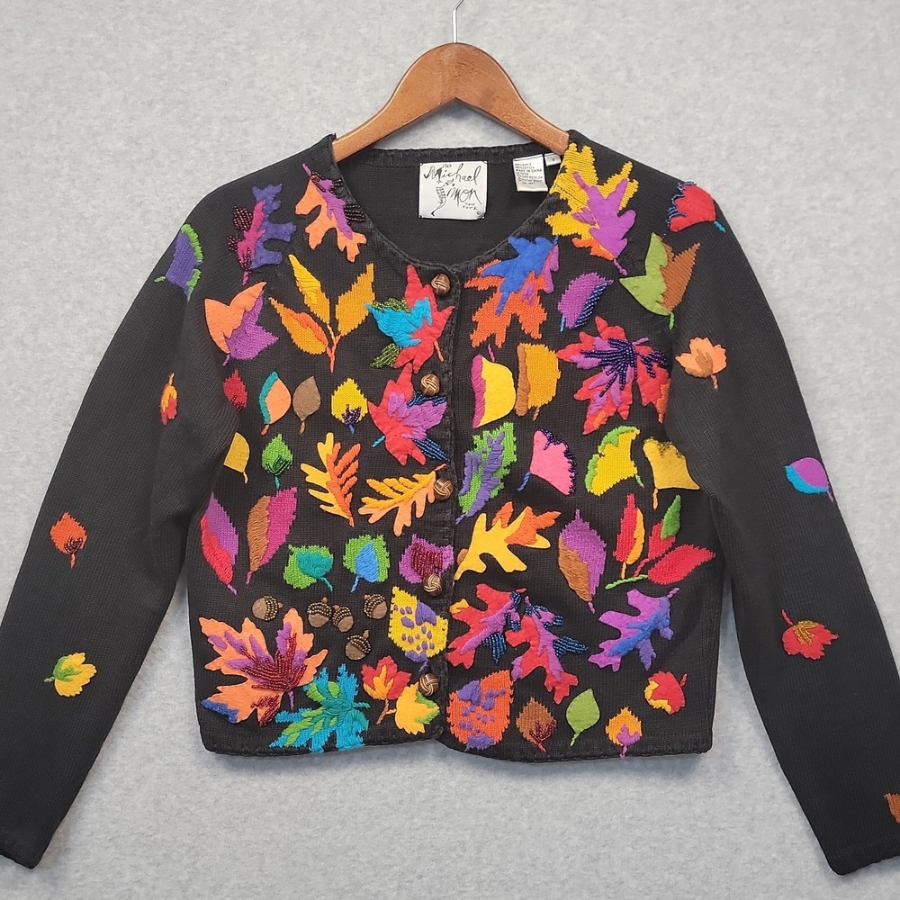 Vintage MICHAEL SIMON Cardigan Sweater Sz S Fall Leaves Acorns Beads Embroidered - Picture 2 of 16